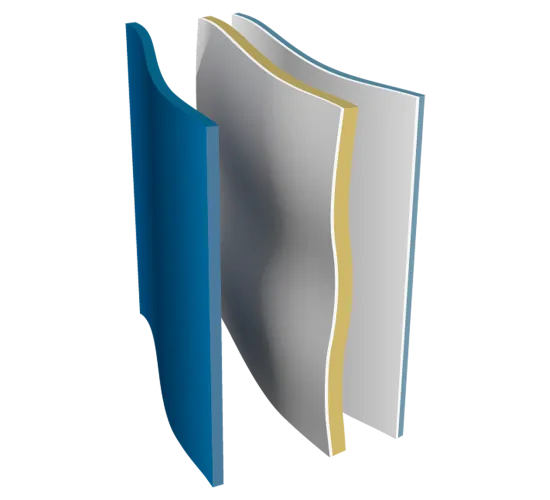 다양한 두께의 세 개의 원단 레이어 도해. 중간에 있는 원단은 살짝 곡선을 이루고 있음.