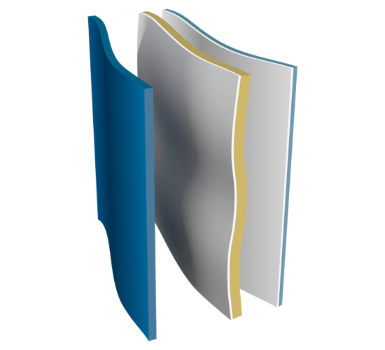 Diagram of three fabric layers with varying thicknesses. The central fabric is slightly curved. 