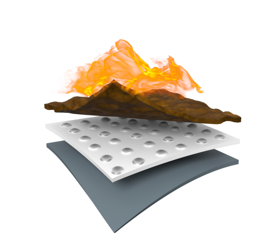 an illustration of 3-layered pyrad fabric with a charred top layer on fire