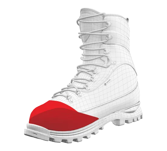 Technische Zeichnung eines Stiefels, bei dem der Bereich der Zehen rot markiert ist.