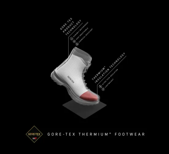 Technical drawing of a boot with the toe cap highlighted in red. And GORE-TEX Bootie inside