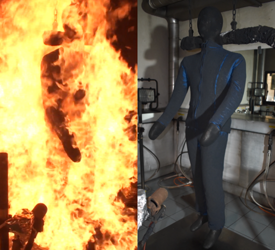 Showing GORE-TEX PYRAD riot suit during and after Thermoman Test