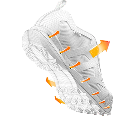 Dessin technique d’une chaussure avec de petites flèches sortant des aérations, tout autour de la semelle.