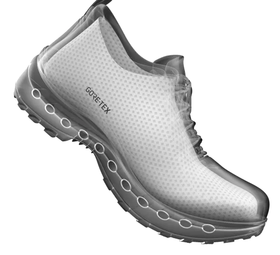 Dessin technique d’une chaussure montrant deux flèches bleues avec gouttelettes, s’éloignant du talon et des orteils.